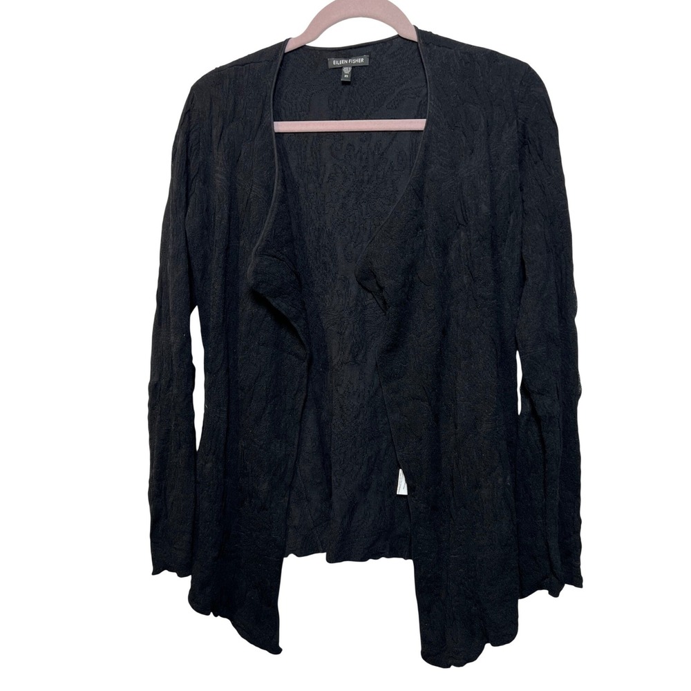 Eileen Fisher Black Textured Open Front Cardigan XS Italian Yarn‎ Cotton Blend